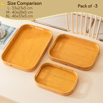 Natural Bamboo Serving Tray Set of 2/3 – Multipurpose Kitchen Tray with Handles