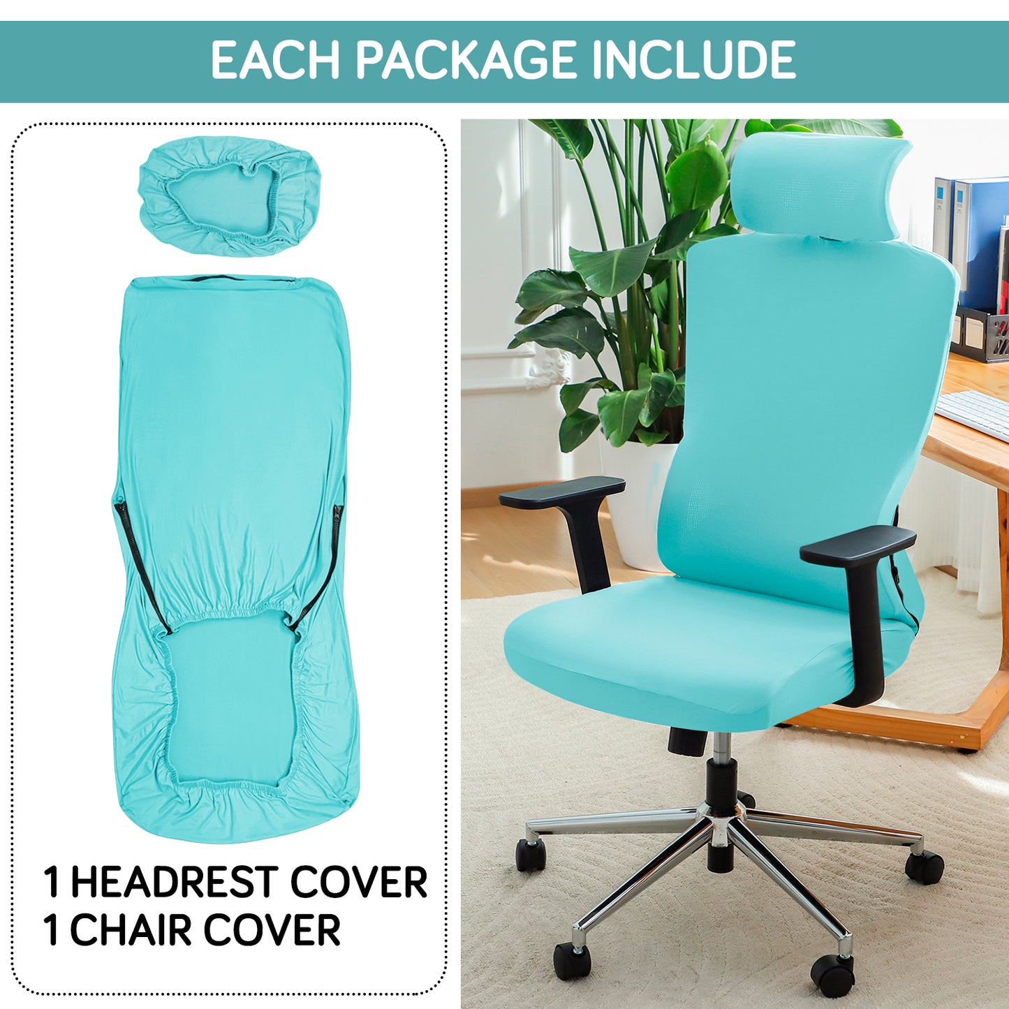 Office Chair Cover with Headrest (High-Back) – 140 GSM Stretch Fabric – Washable, Anti-Slip Fit for Ergonomic Mesh Office Chairs, Sky Blue