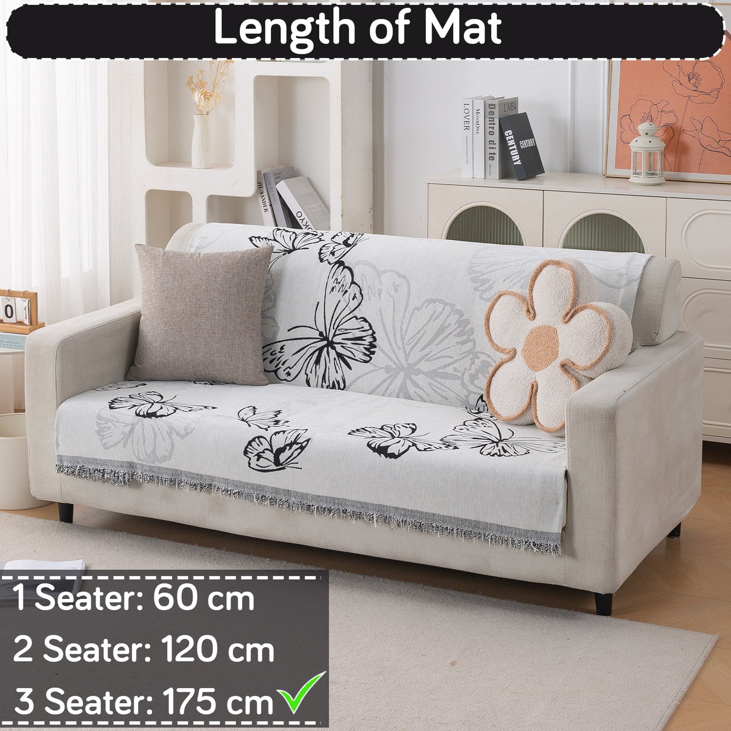 Premium 320 GSM Chenille Sofa Cover 'Serene Abode Series', Monochrome Butterfly