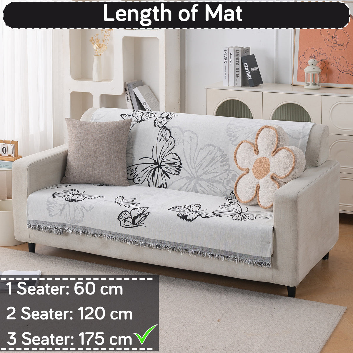 Premium 320 GSM Chenille Sofa Cover 'Serene Abode Series', Monochrome Butterfly