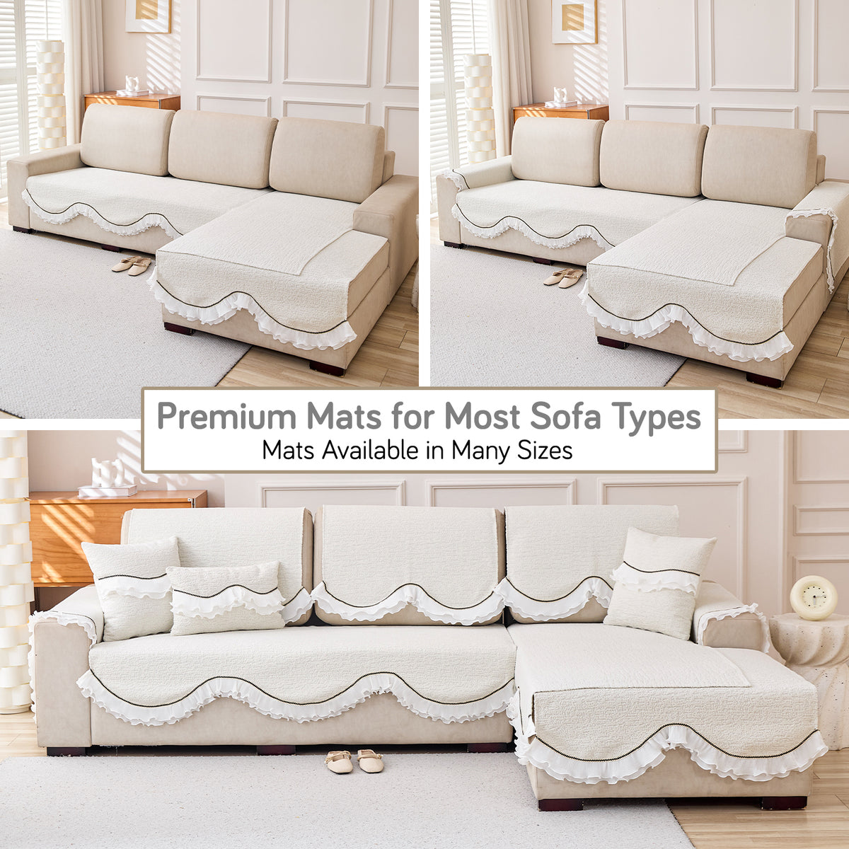 French Classic Frill Wavy Sofa Cover Mat, Snow White Ivory