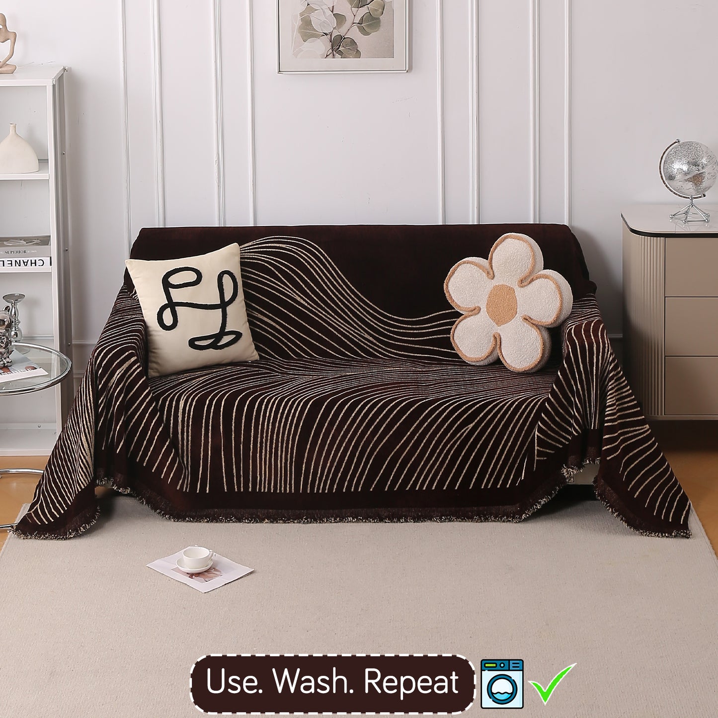 WaveLoom Collection Printed Chenille Sofa Cover Throw Blanket, Dark Coffee