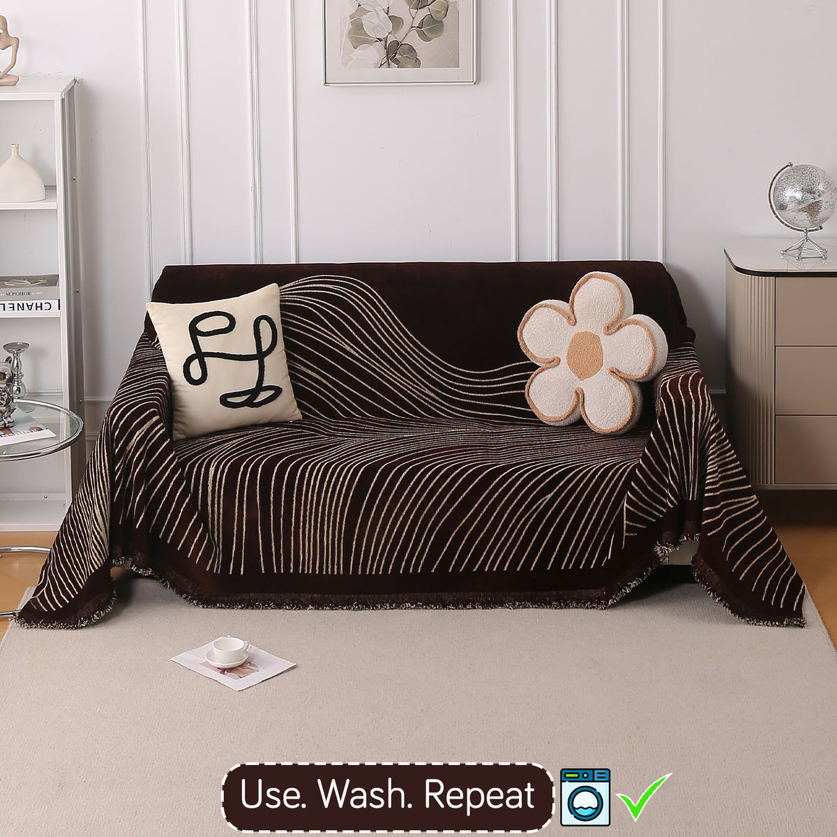 Buy Dark Coffee Colour WaveLoom Chenille Three Seater Sofa Throw | HOKIPO