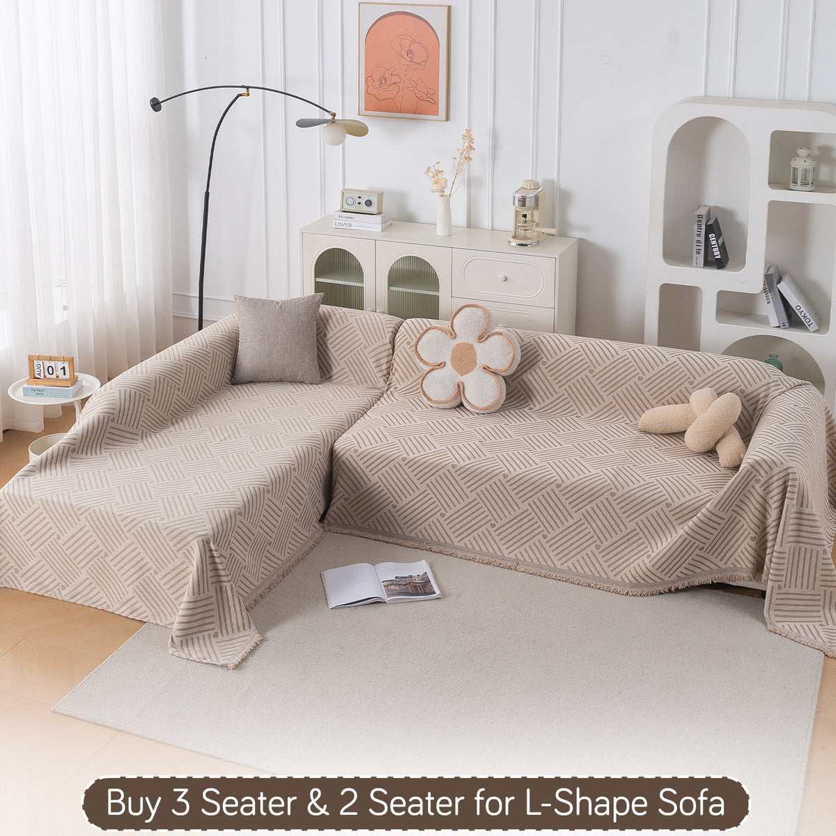 Buy Beige Geo Weave Serene Abode Chenille L-Shape Sofa Throw | HOKIPO