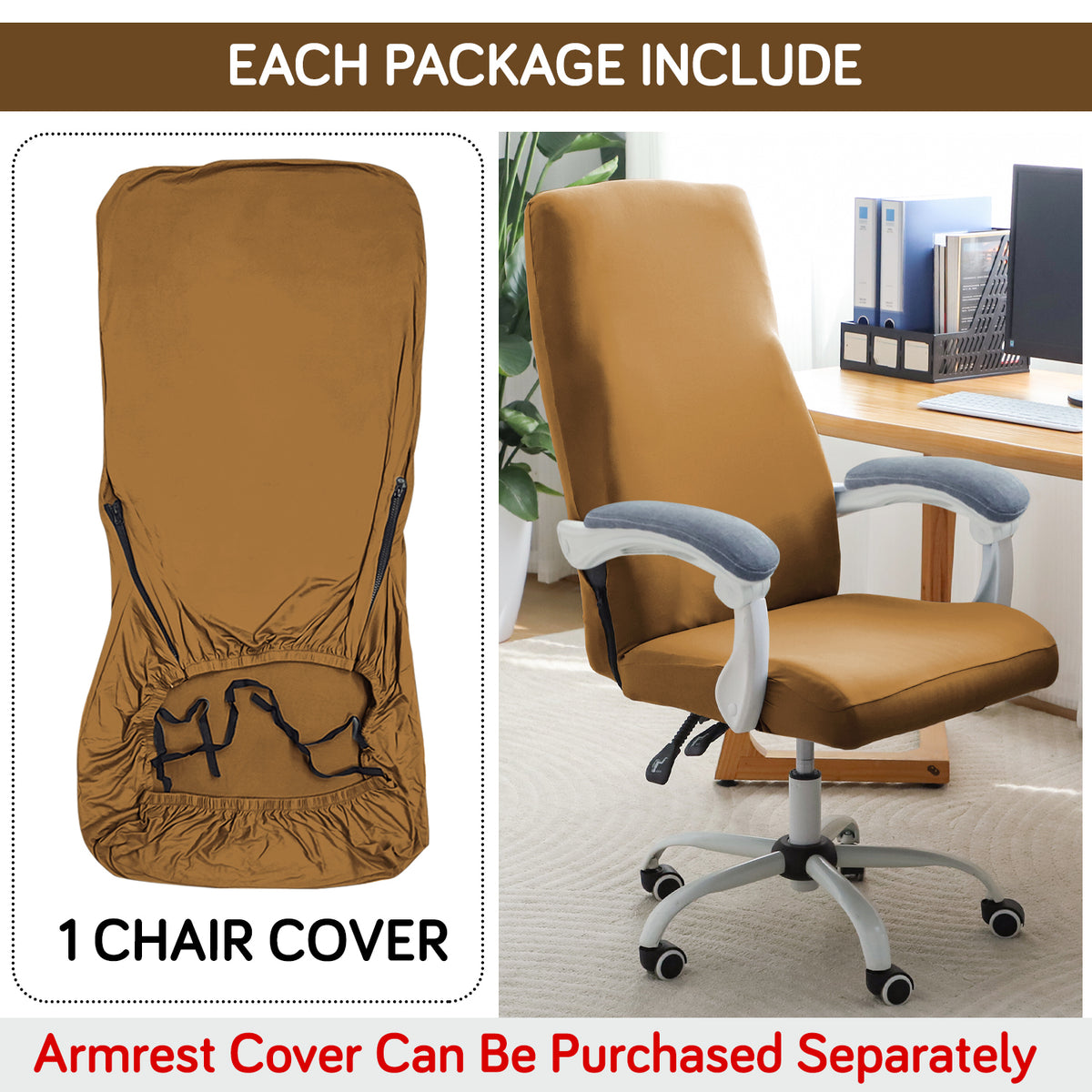Office Chair Cover for Executive Chair (High-Back) – 140 GSM Stretchable Fabric – Washable & Anti-Slip – Fits Big & Tall Office Chairs, Camel
