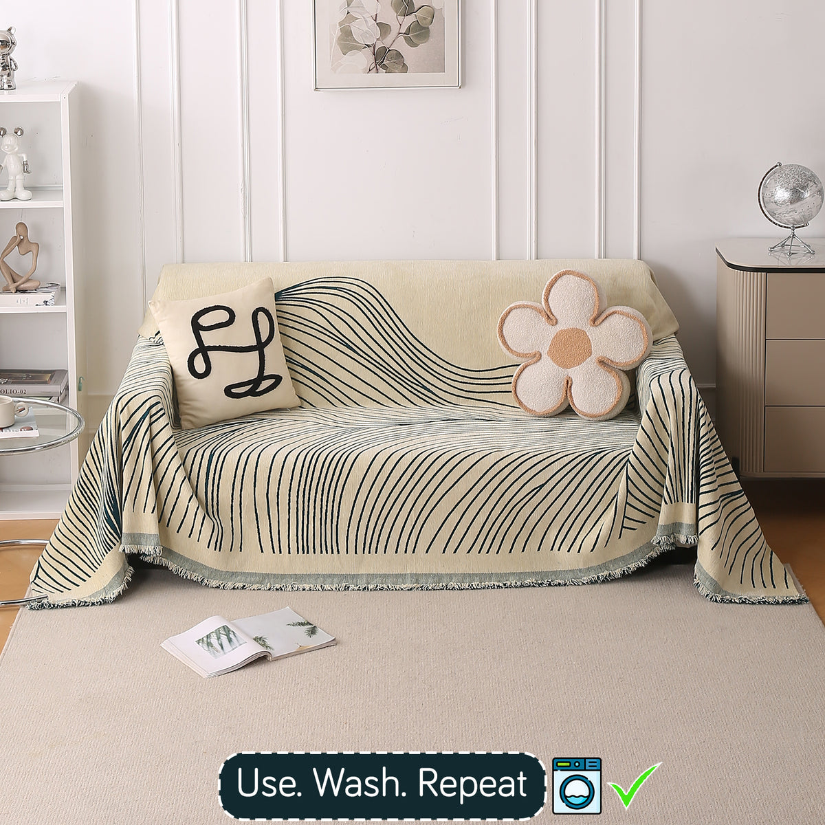 Buy Peacock Green Colour WaveLoom Chenille Three Seater Sofa Throw | HOKIPO