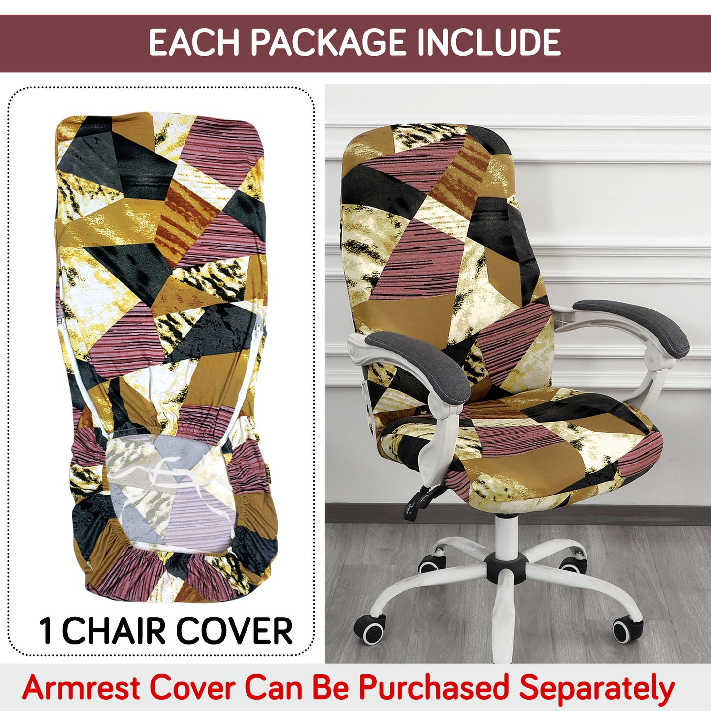Printed Office Chair Cover for Desk Chair (Mid-Back) – 140 GSM Stretch Fabric – Washable, Durable & Anti-Slip – Fits Mid-Back Office Chairs, Wine Abstract Geometry - Medium