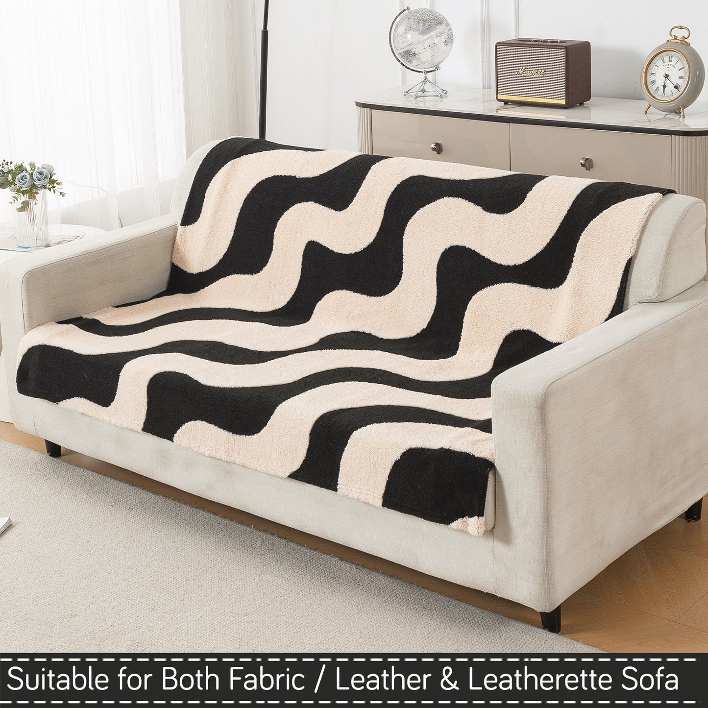 'Noirea Series' Plush Sofa Cover for Seat & Back, Wavy Stripe