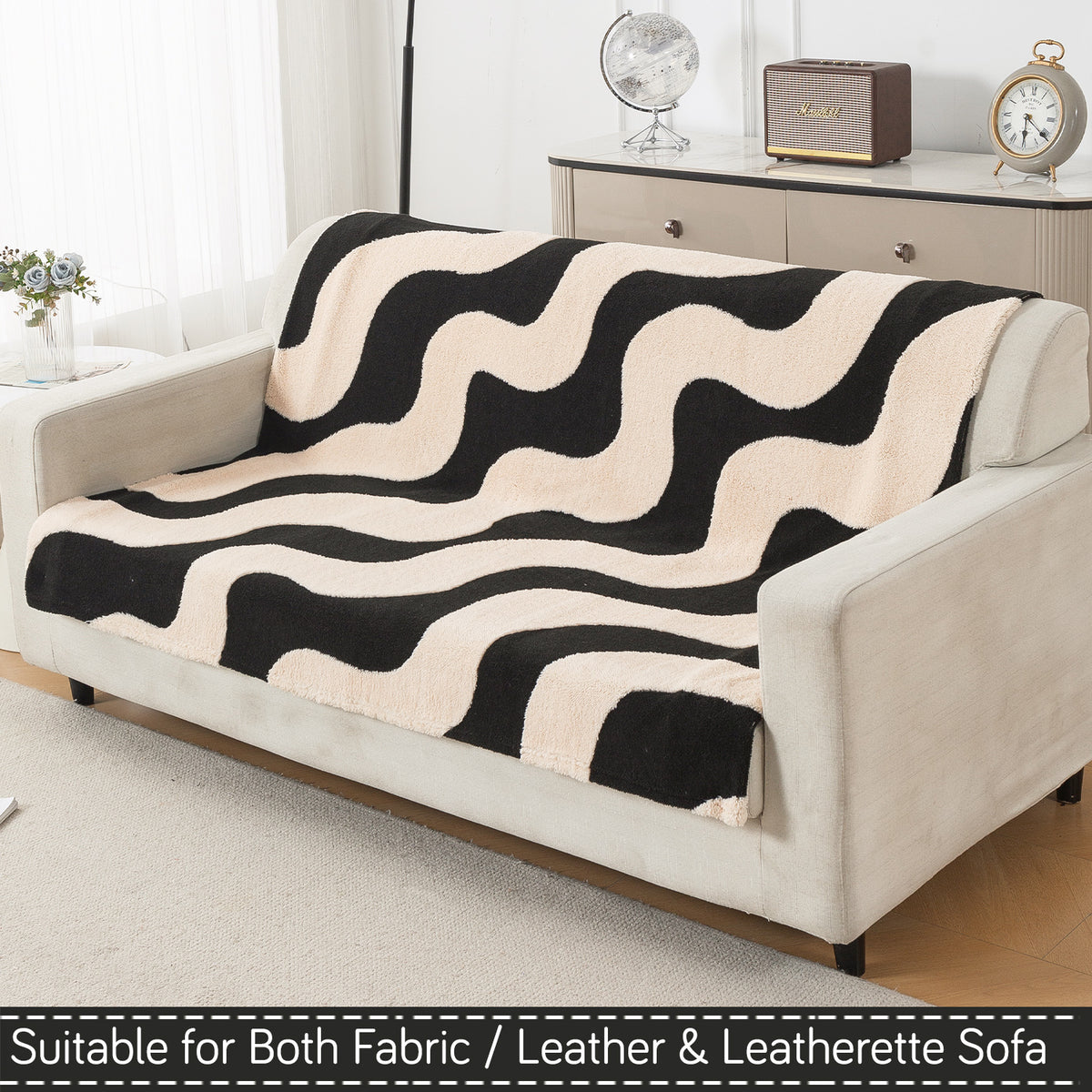 'Noirea Series' Plush Sofa Cover for Seat & Back, Wavy Stripe