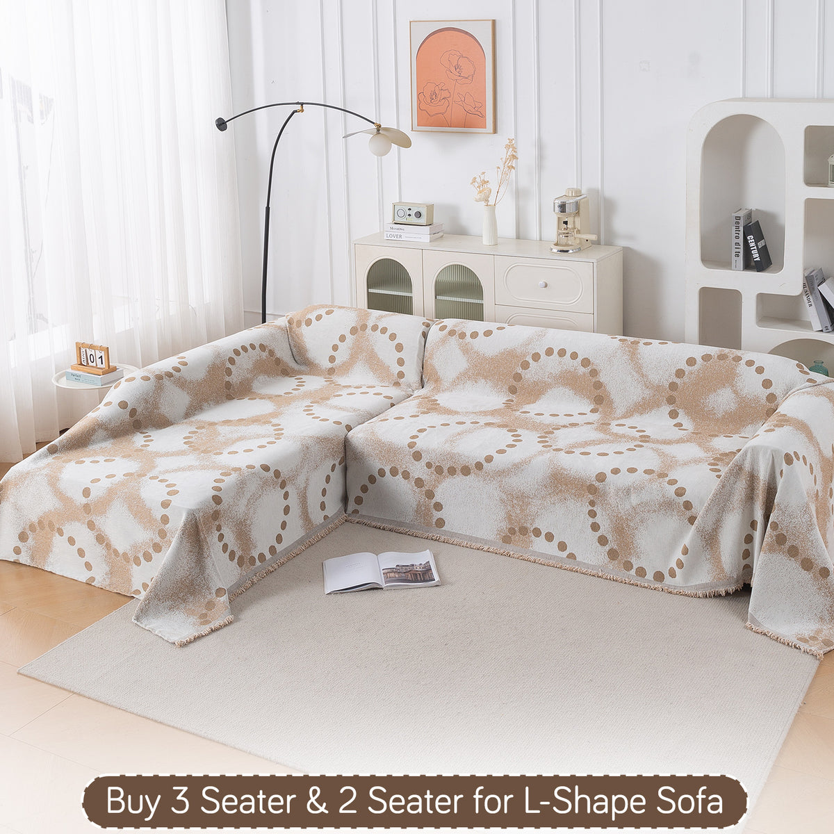 Buy Latte Dotted Wave Serene Abode Chenille L-Shape Sofa Throw | HOKIPO
