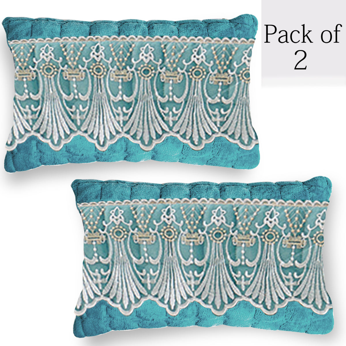 Premium Milk Velvet Sofa Cushion Cover with Lace Design, Teal