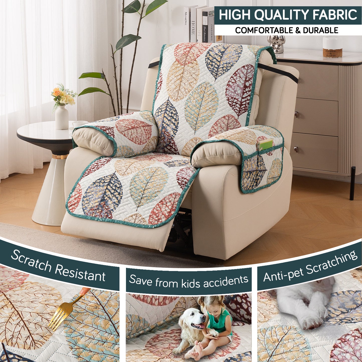 Quilted Cover for Recliner Sofa with SecureFit Belt & Side Pocket, Multicolor Linden Leaf