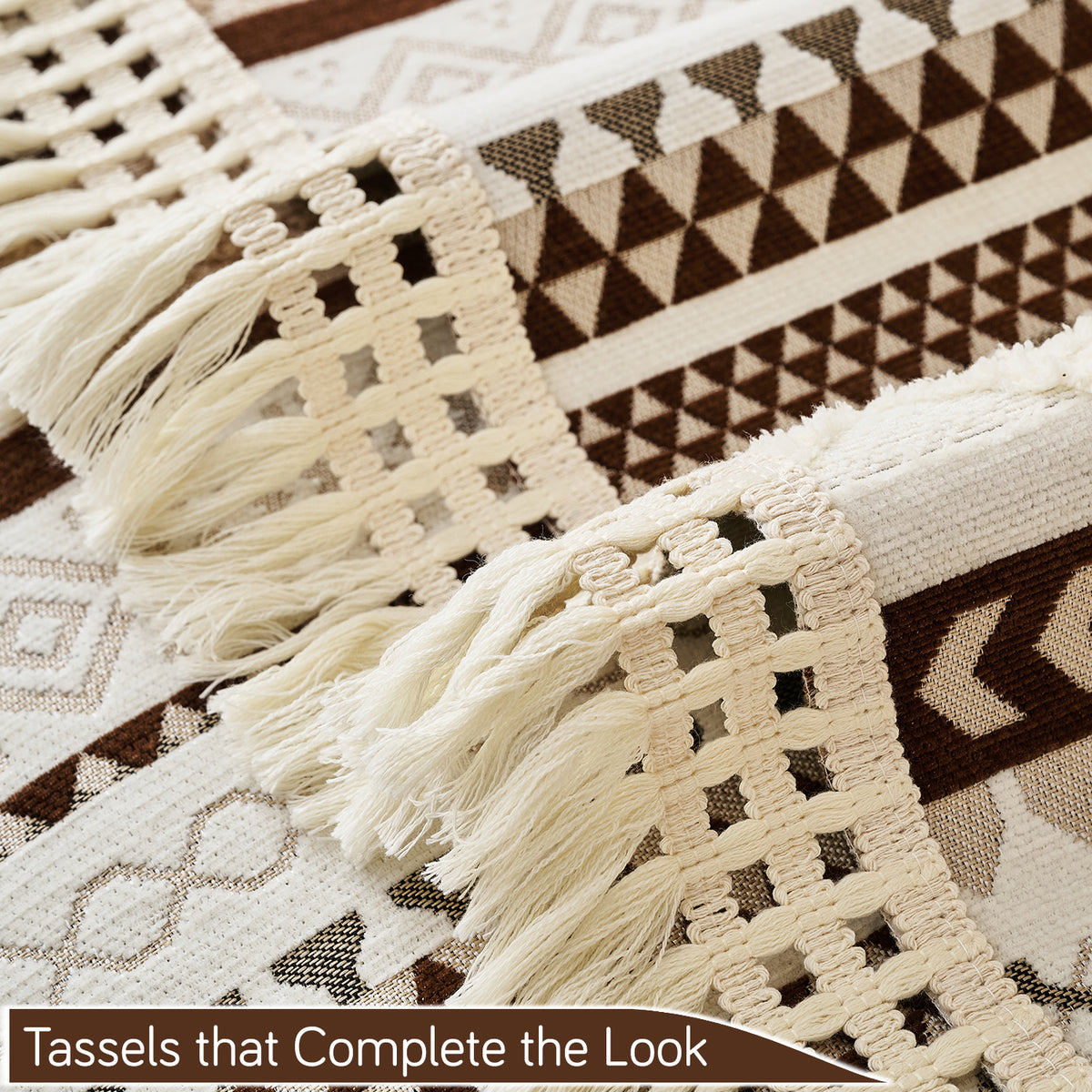 Nordic Boho Geometric Sofa Cover Mat with Tassel, 'Nordic Tassel Series'  Chocolate Brown