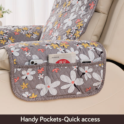 Quilted Cover for Recliner Sofa with SecureFit Belt & Side Pocket, Pastel Brown Sandwort Flower