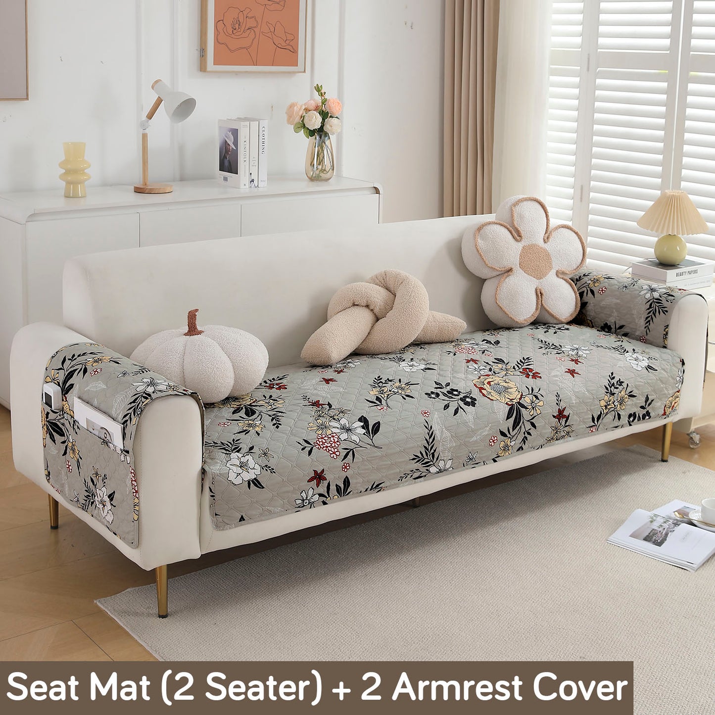 Quilted Sofa Seat Mat with Two Armrest Covers with Pockets for 1/2/3 Seater Sofa, Floral Ash Grey