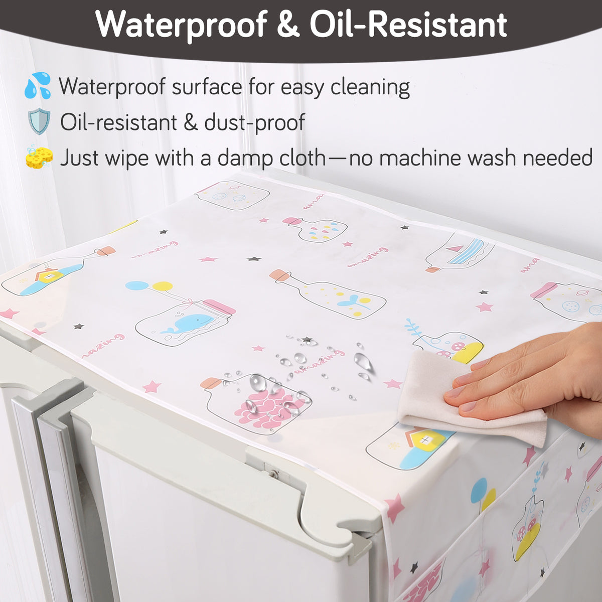 Small / Large Fridge Cover Top | For Smaller Single Door, Double Door and Bigger Double Door Refrigerator - Waterproof, Printed with 6 Side Pockets, Whimsical Bottles