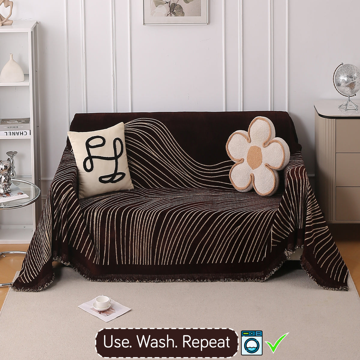 Buy Dark Coffee Colour WaveLoom Chenille 2 Seater Sofa Throw | HOKIPO