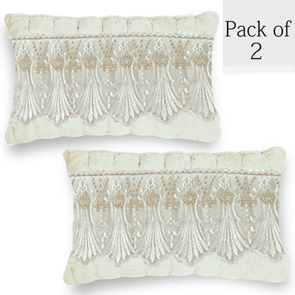 Premium Milk Velvet Sofa Cushion Cover with Lace Design, Pearl White