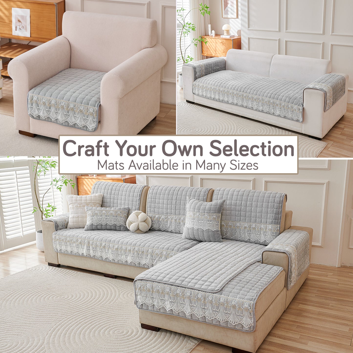 BelleLace Series Imperial Milk Velvet Sofa Cover Mat with Lace Design - Cloud Grey