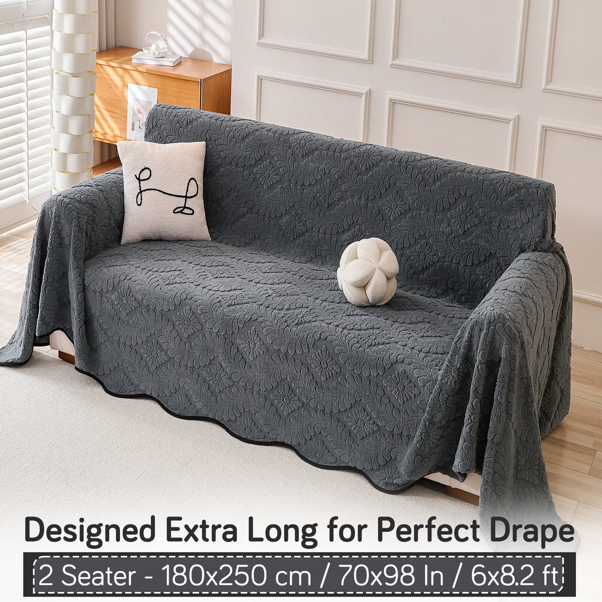 Buy Charcoal Grey Colour Wavy Petal Crest Series Plush Sofa Throw – 2 Seater Sofas | HOKIPO