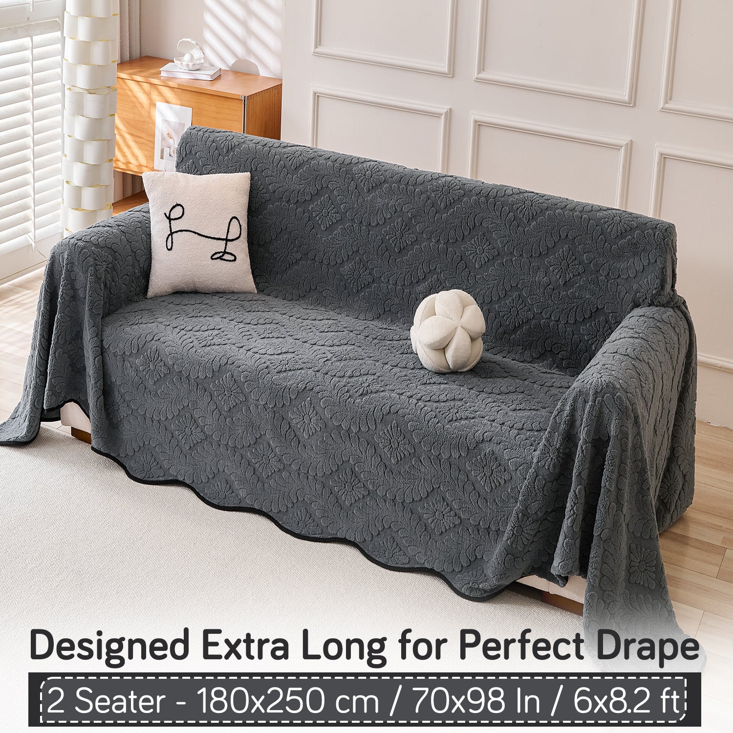 Buy Charcoal Grey Colour Wavy Petal Crest Series Plush Sofa Throw – 2 Seater Sofas | HOKIPO