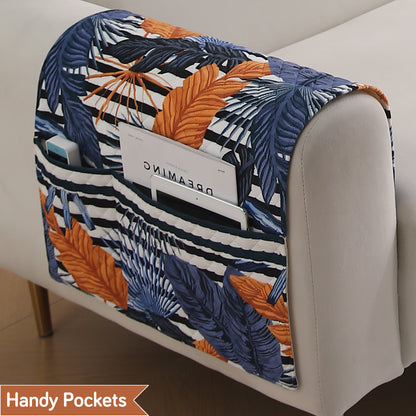LiefNest Holland Velvet Sofa Cover Mat with Foam Filling - Tropical Leaves Dusk Blue