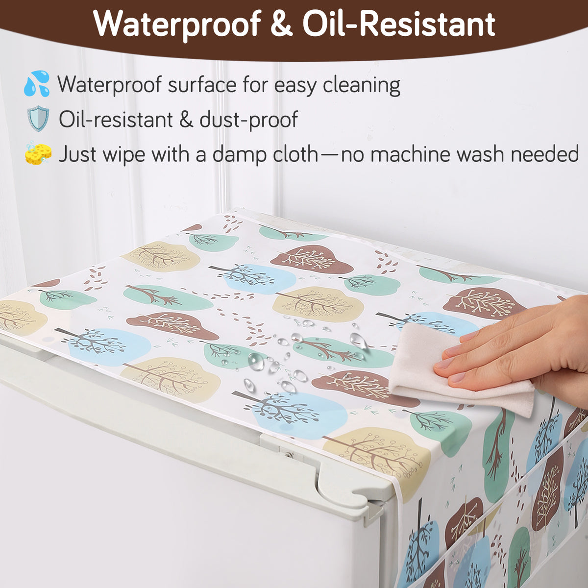 Small / Large Fridge Cover Top | For Smaller Single Door, Double Door and Bigger Double Door Refrigerator - Waterproof, Printed with 6 Side Pockets, Nature Trees