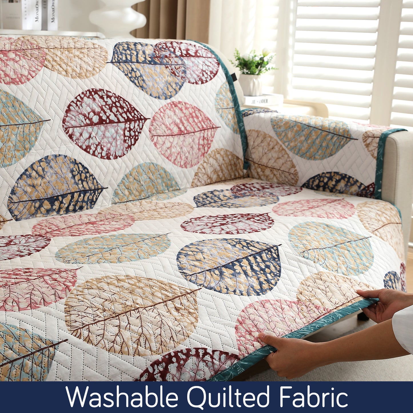 HomeHues Series Quilted Sofa Cover with Secure Fit Belt for L Shape sofa, Multicolor Linden Leaf