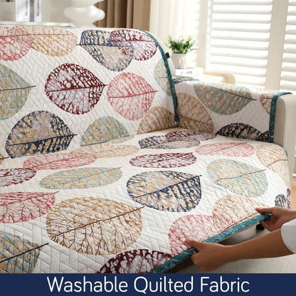 HomeHues Series Quilted Sofa Cover with Secure Fit Belt for L Shape sofa, Multicolor Linden Leaf