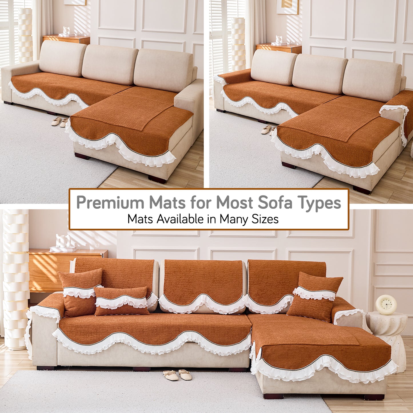 French Classic Frill Wavy Sofa Cover Mat, Copper Orange