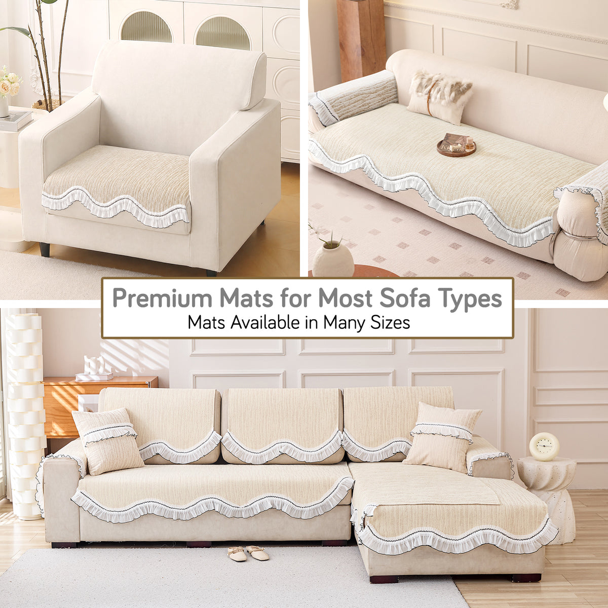 French Lace & Luxe with White Ruffle Edge Sofa Cover Mat, Moonstone Beige