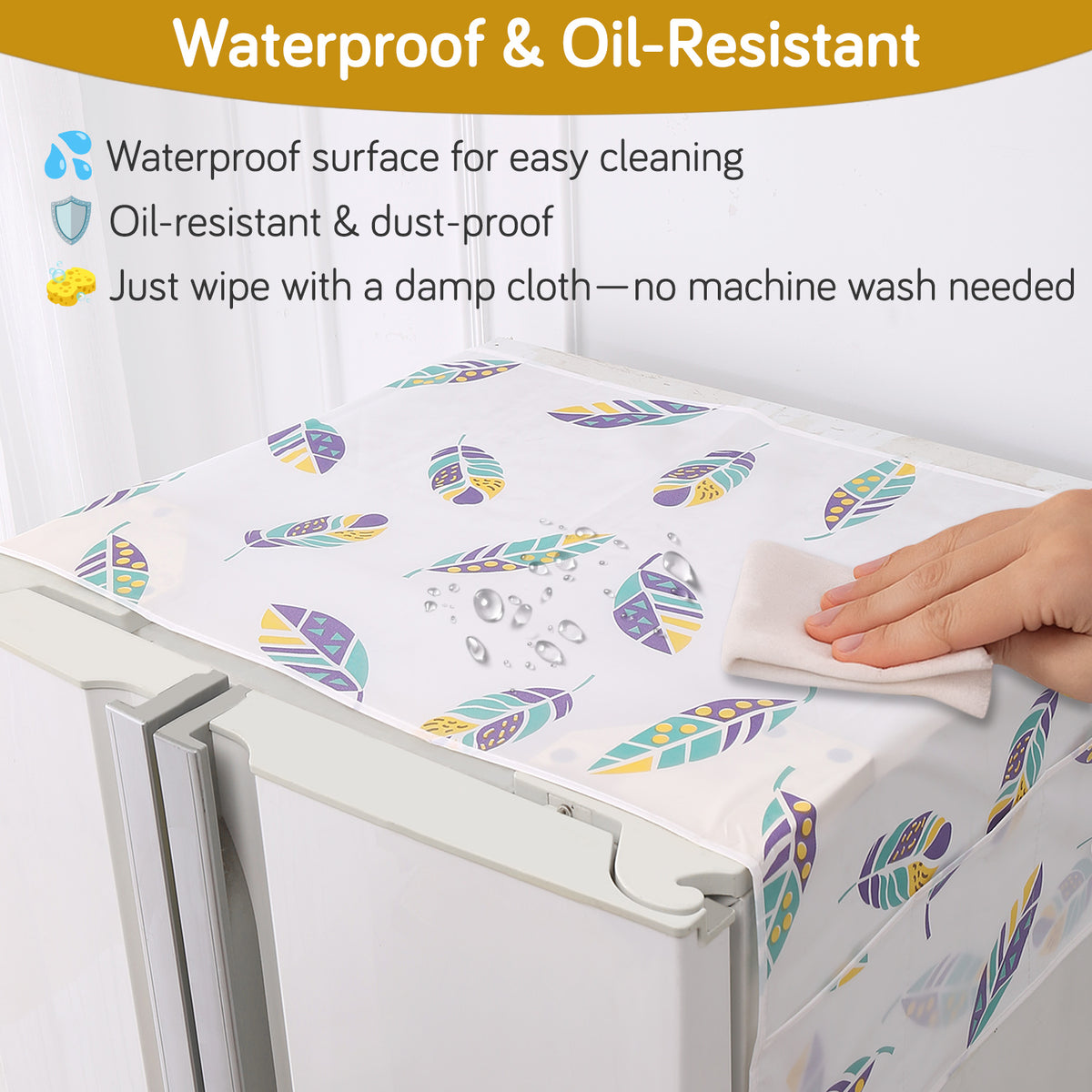 Small / Large Waterproof, Printed Fridge Cover Top with 6 Side Pockets, Boho Feathers