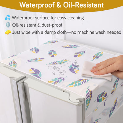 Small / Large Fridge Cover Top | For Smaller Single Door, Double Door and Bigger Double Door Refrigerator - Waterproof, Printed with 6 Side Pockets, Boho Feathers