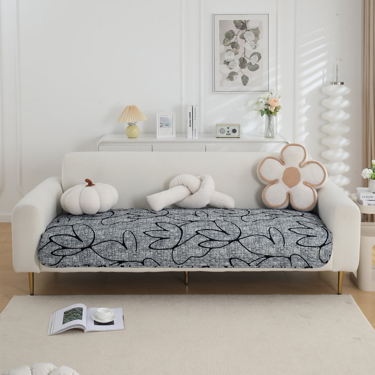 Water Repellent + Waterproof Quilted Sofa Mats, Intense Grey Abstract Floral