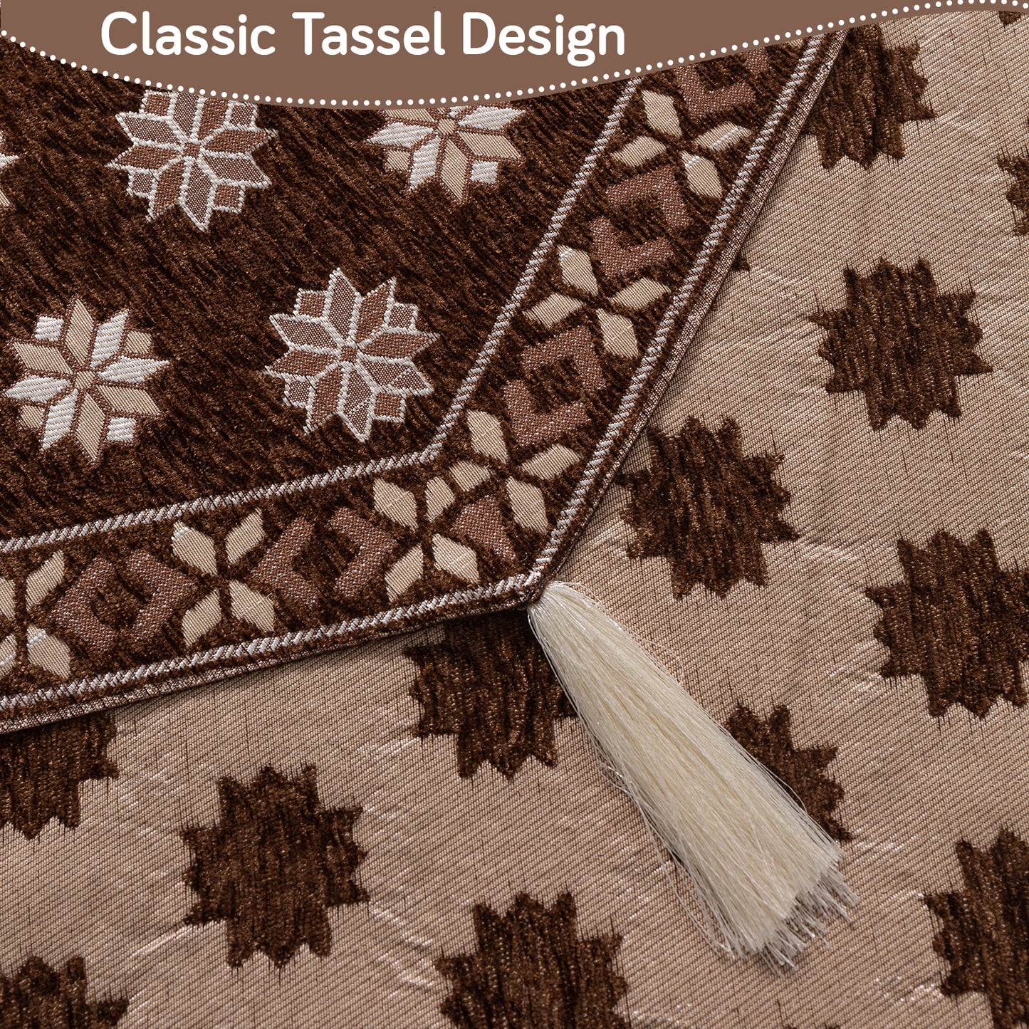 Heritage Weave Premium Jacquard Sofa Cover Set with Tassels - Russet Brown