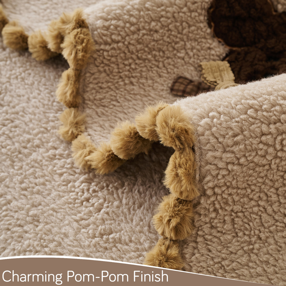 CloudHug Plush Sofa Cover Mat with PomPom and Wavy Edges, Vanilla Latte