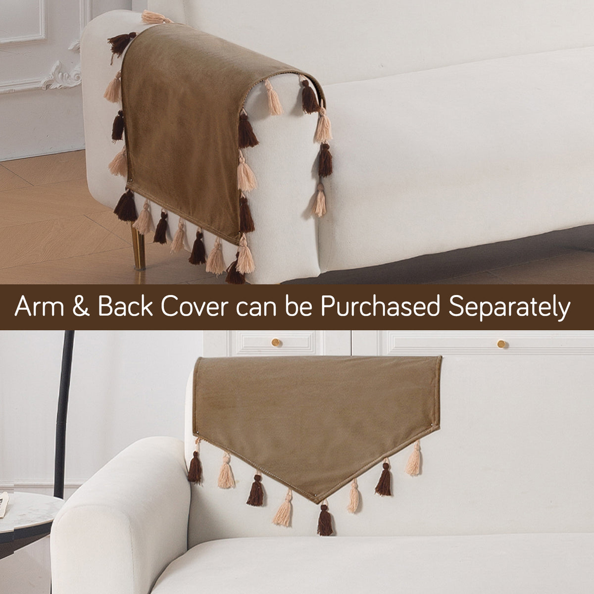 Tassel Tone Holland Velvet Sofa Cover Mat, Warm Taupe