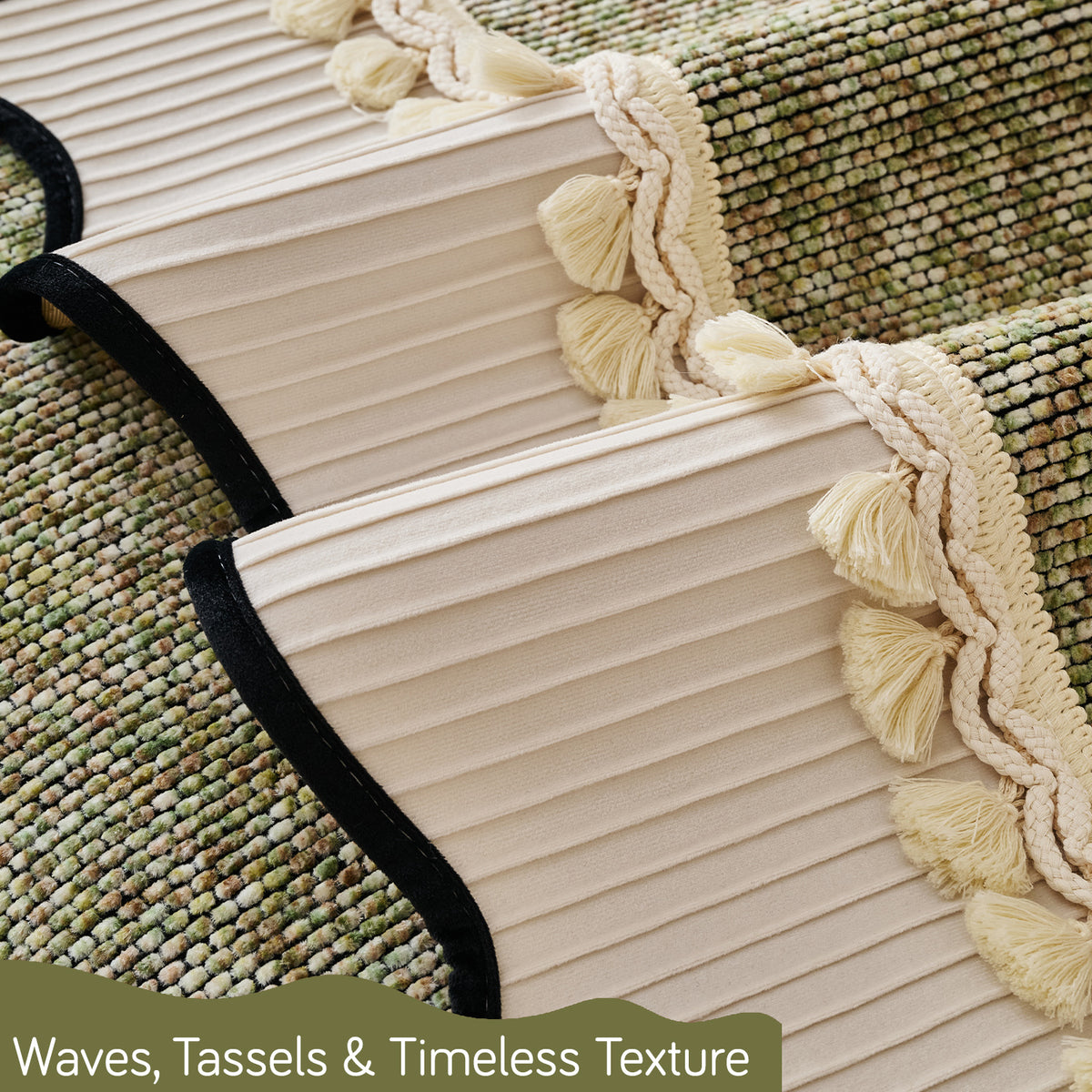 'Wavy Royale Series' Thick Woven Weave Chenille Sofa Cover with Tassel, Sage Green
