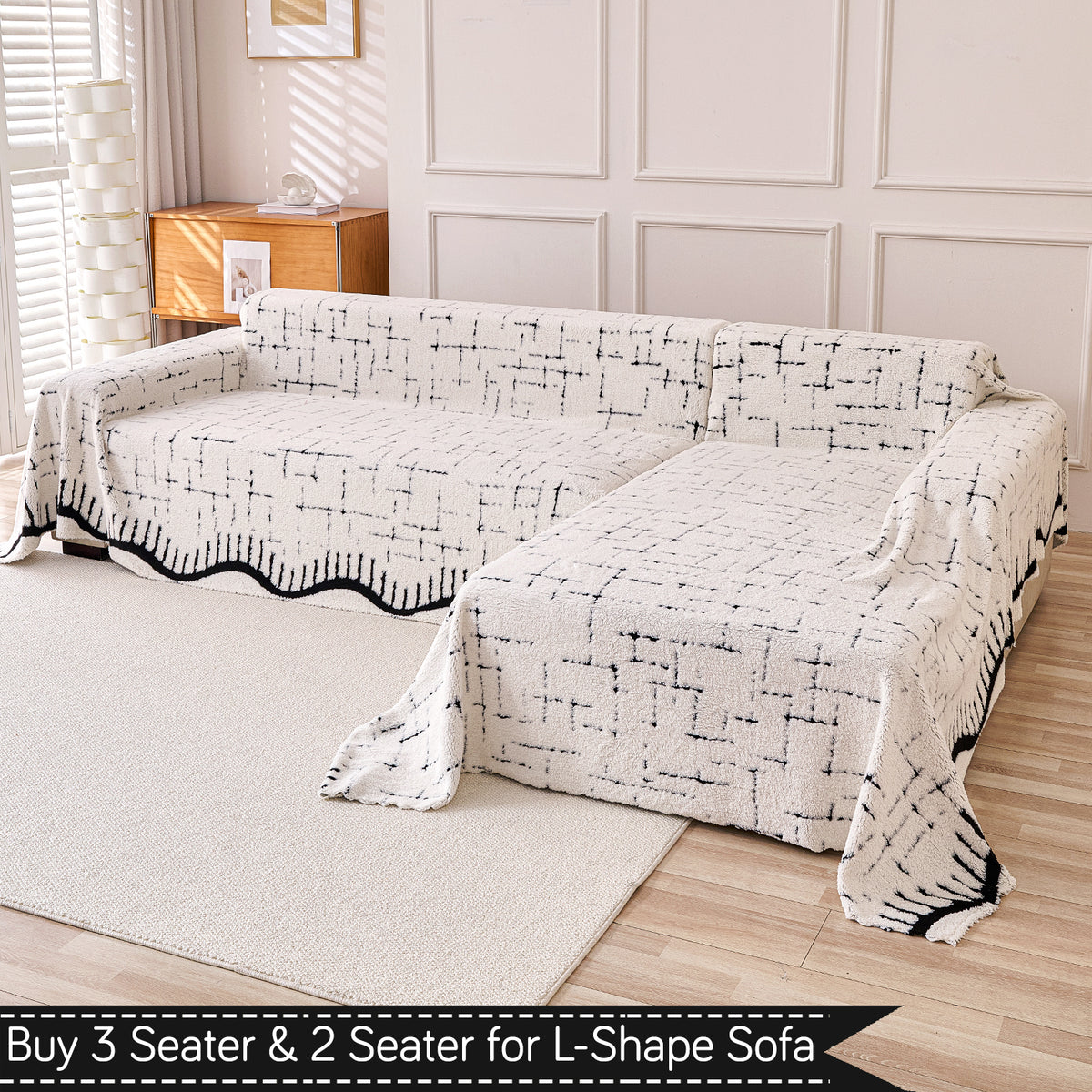 Buy Off-White Supple Soft Wavy Plush Sofa Throw for L-shape Sofas - 3 & 2 Seater Sofa Sets | HOKIPO