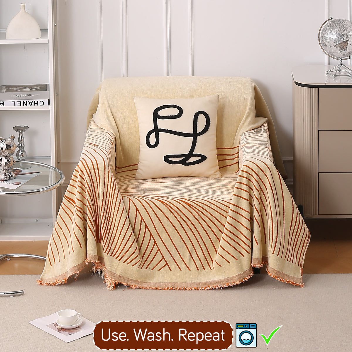 Buy Orange Colour WaveLoom Chenille 1 Seater Sofa Throw | HOKIPO