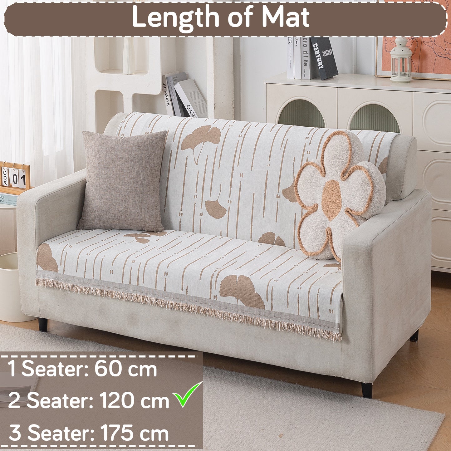 Premium 320 GSM Chenille Sofa Cover 'Serene Abode Series', Beige Ginkgo Lines