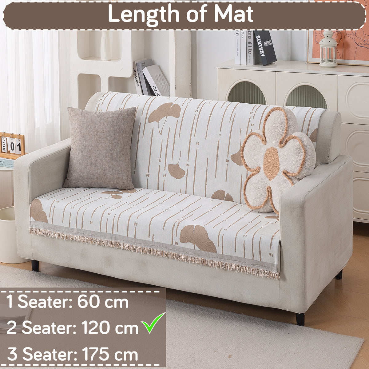 Premium 320 GSM Chenille Sofa Cover 'Serene Abode Series', Beige Ginkgo Lines