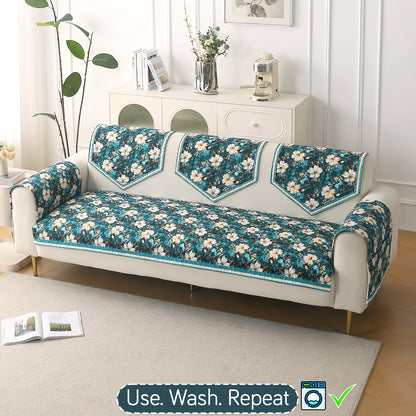 Florentina Series Printed Holland Velvet Sofa Mat - Pansies Teal