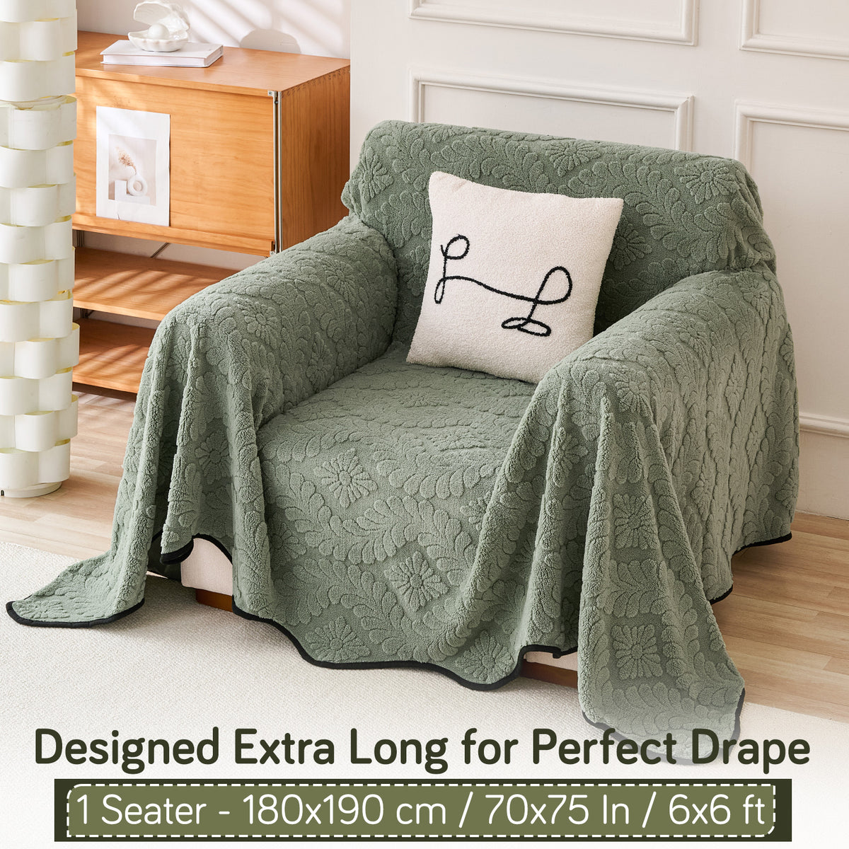 Buy Sage Green Colour Wavy Petal Crest Series Plush Sofa Throw – 1 Seater Sofas | HOKIPO