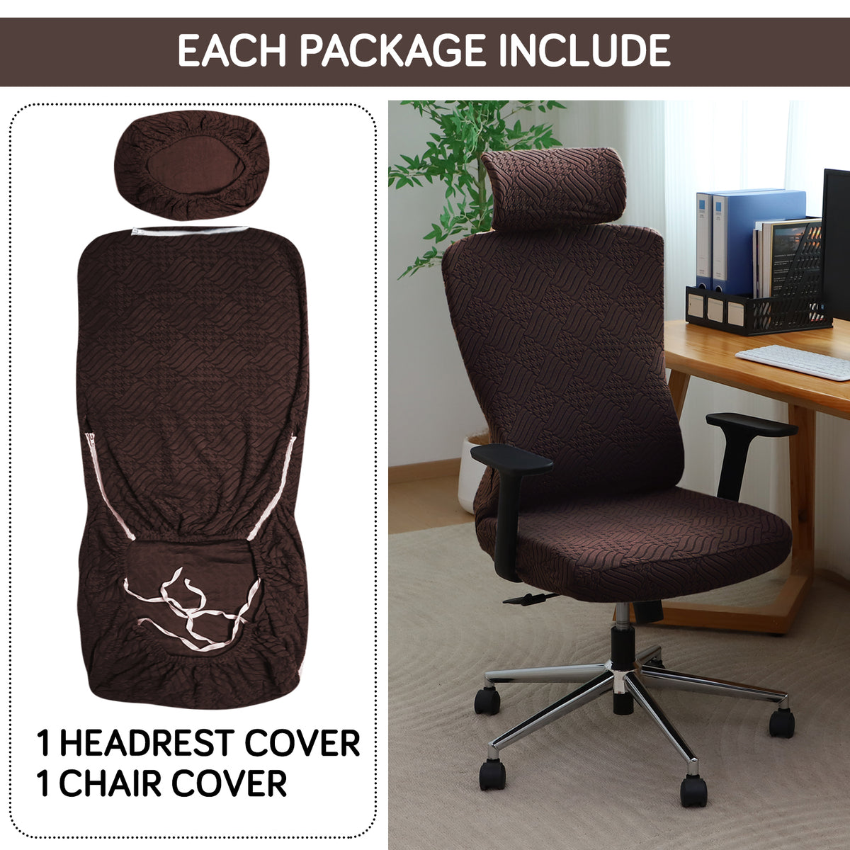Office Chair Cover with Headrest (High-Back) – 170 GSM Stretch Jacquard – Washable, Anti-Slip Fit for Ergonomic Mesh Office Chairs, Brown