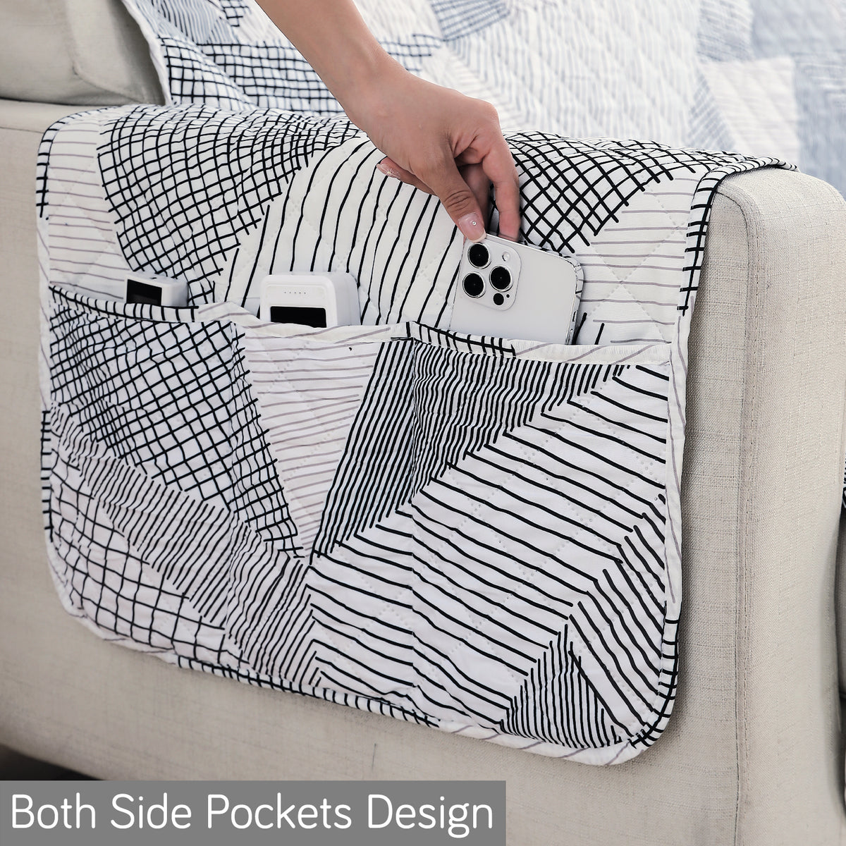 Waterproof & Quick-Dry Quilted Sofa Cover with Pockets on Armrest, Snow White Black Geometry