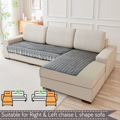 BelleLace Series Imperial Milk Velvet L Shape Sofa Cover Mat with Lace Design - Porpoise Grey