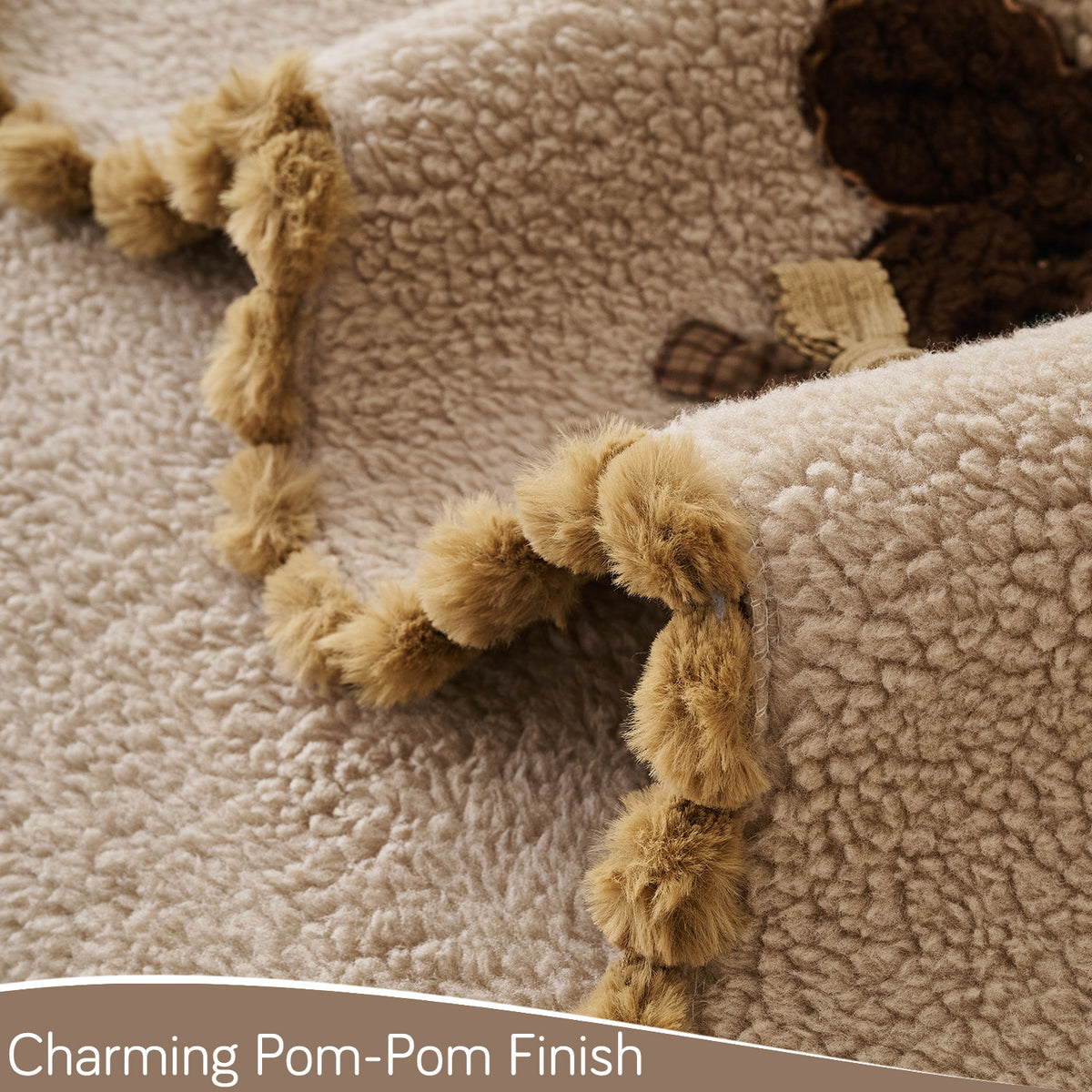 CloudHug Plush Sofa Cover Mat with PomPom and Wavy Edges, Vanilla Latte
