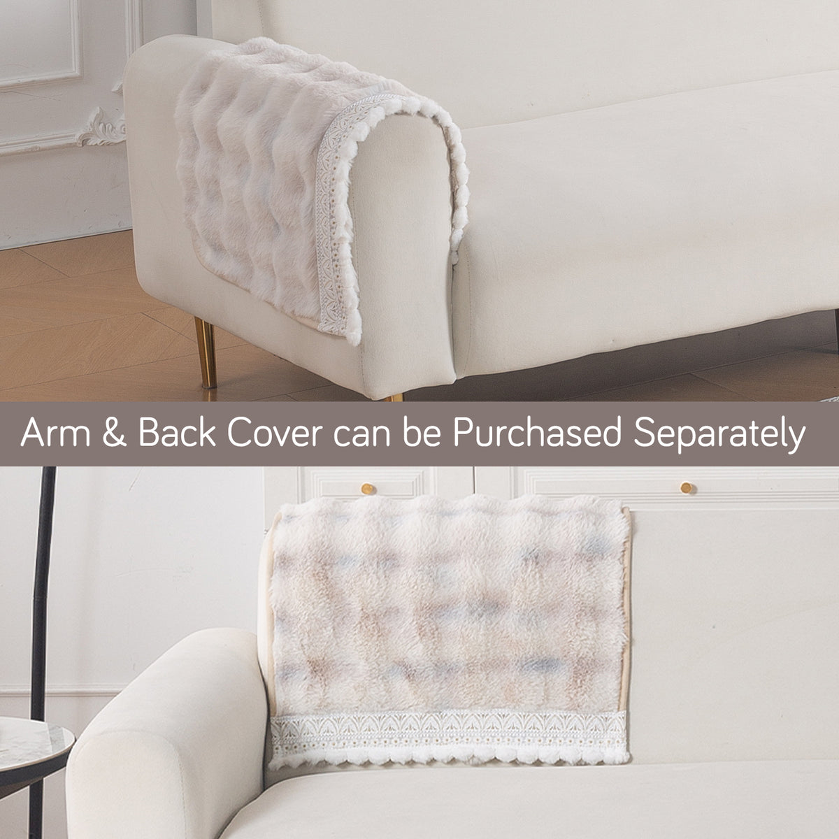 Faux Rabbit Fur Sofa Cover with Lace |Gradient Rabbit Plush, Cream