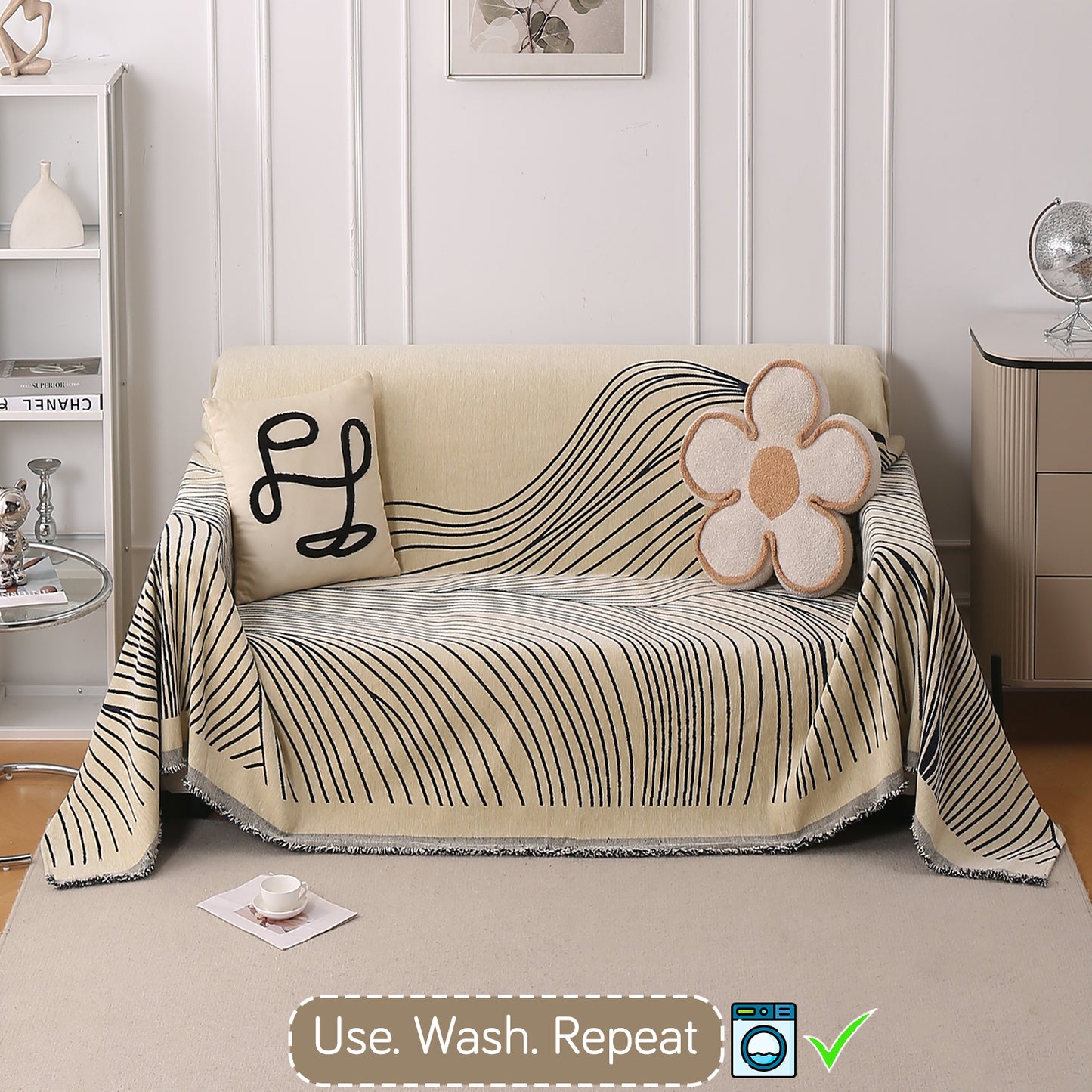 WaveLoom Collection Printed Chenille Sofa Cover Throw, Navy Blue